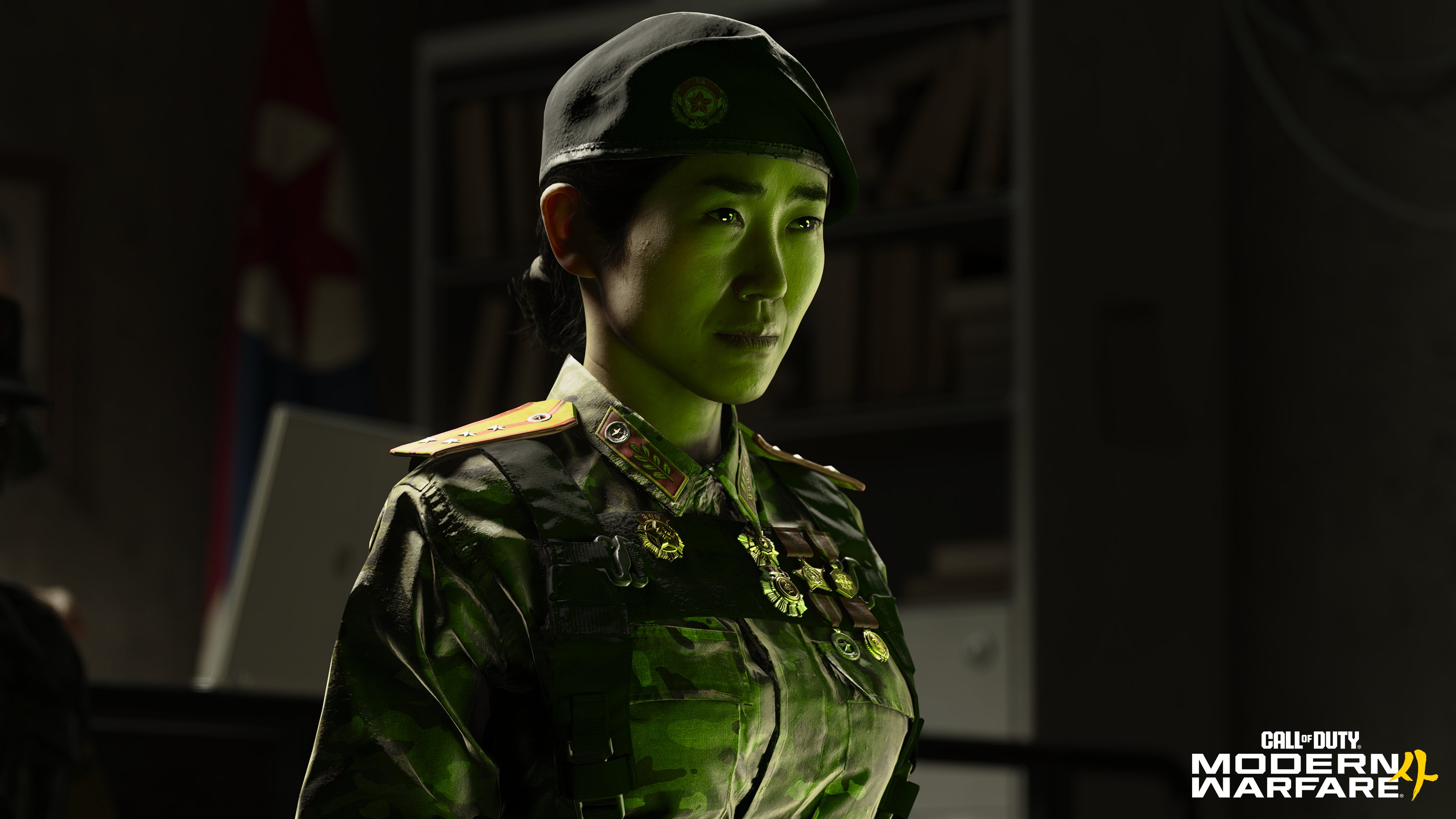 Modern Warfare 4 campaign screenshot of a North Korean officer in a dim office