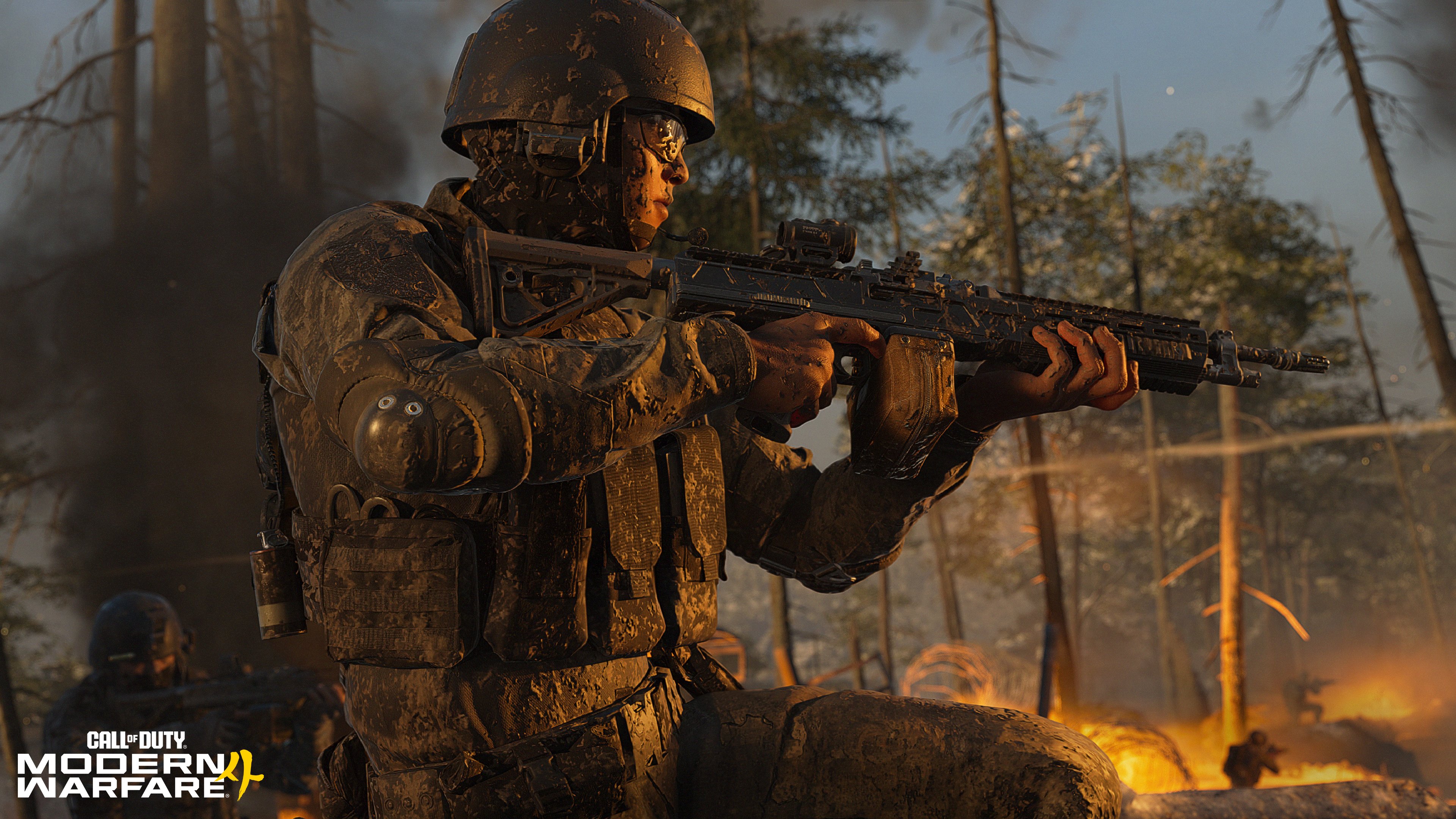 Modern Warfare 4 campaign screenshot of a South Korean soldier aiming in a burning forest