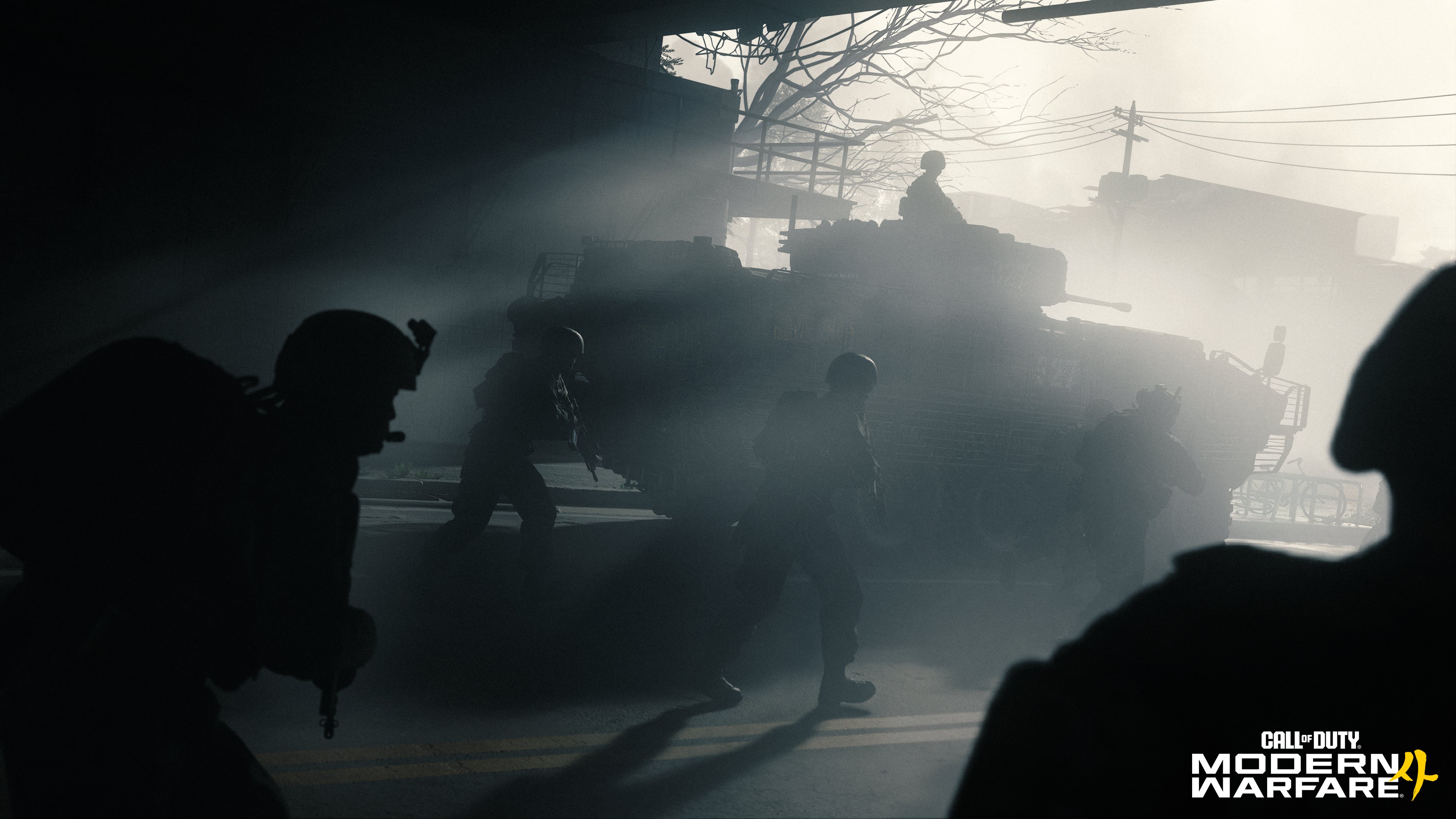 Modern Warfare 4 screenshot of infantry advancing beside an armored vehicle in fog